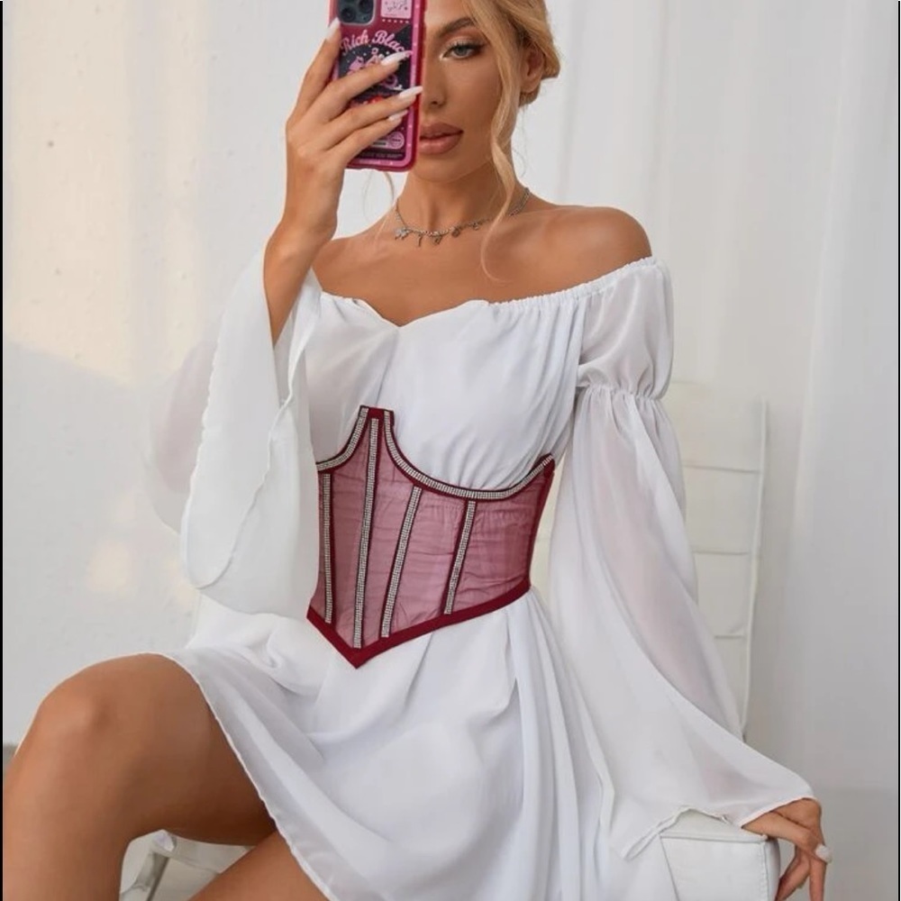 Red Mesh Rhinestone Corset Belt - Picture 3 of 5